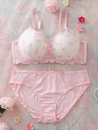 2pcs Embroidered Floral 3/4 Cup Underwire Padded Push-Up Comfy Balconette Bra Set, Cute, Fresh, Romantic, Open Back, Bow Decor, Plus Size Lingerie Set