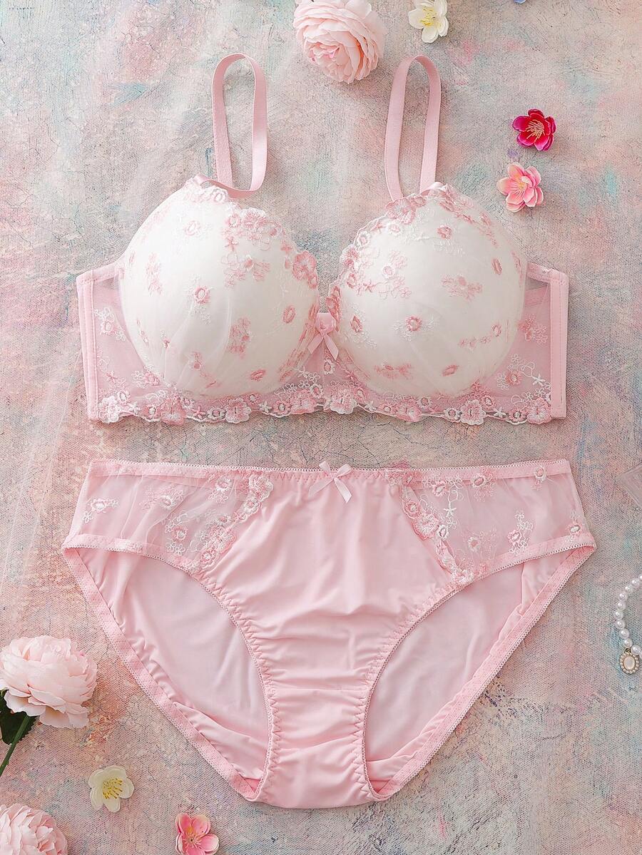 Elorette 2pcs Set Bra Balconette Nyaman dengan Kawat Penyangga dan Bantalan, Motif Bunga Bordir, 3/4 Cup, Lucu, Segar, Romantis, Punggung Terbuka, Dekorasi Pita, Set Pakaian Dalam Ukuran Besar - Berwarna merah muda - View 1