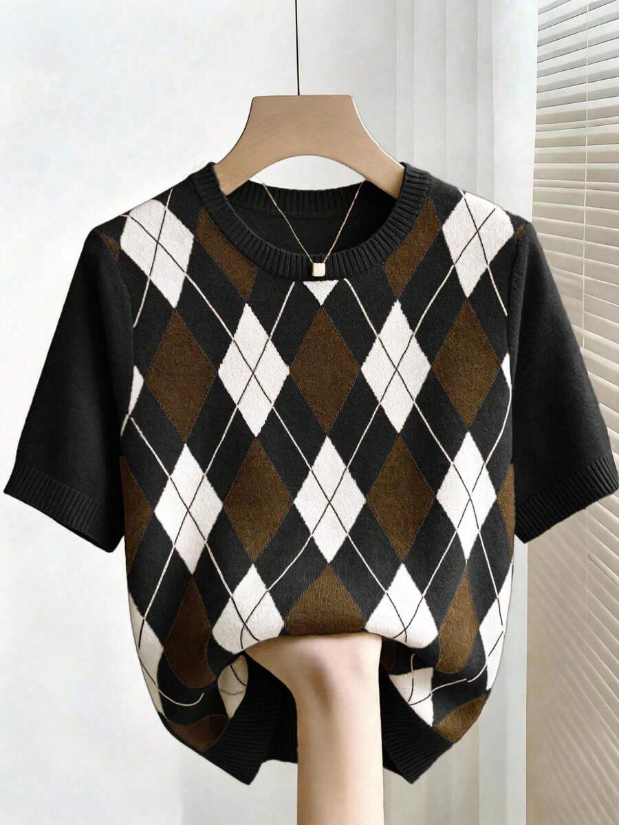 Franclia Nuevo Llegado Suéter de Punto con Bloques de Color Retro Estilo Universitario a Cuadros para Mujer, Primavera/Verano - Negro - Ver 1
