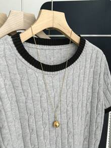 Franclia 新款休闲宽松韩版圆领撞色绞花针织套头毛衣，女款，春秋季 - 淺灰色 - 查看 6