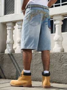 Manfinity EMRG Men's Casual Street Style Blue Denim Printed Shorts - Light Wash - View 3