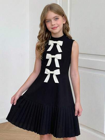 SHEIN Tween Girl Woven Colorblock Bow Collar Sleeveless Casual Dress