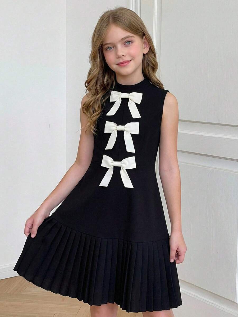 SHEIN 少女撞色编织蝴蝶结领无袖休闲连衣裙 - 黑色 - 查看 1