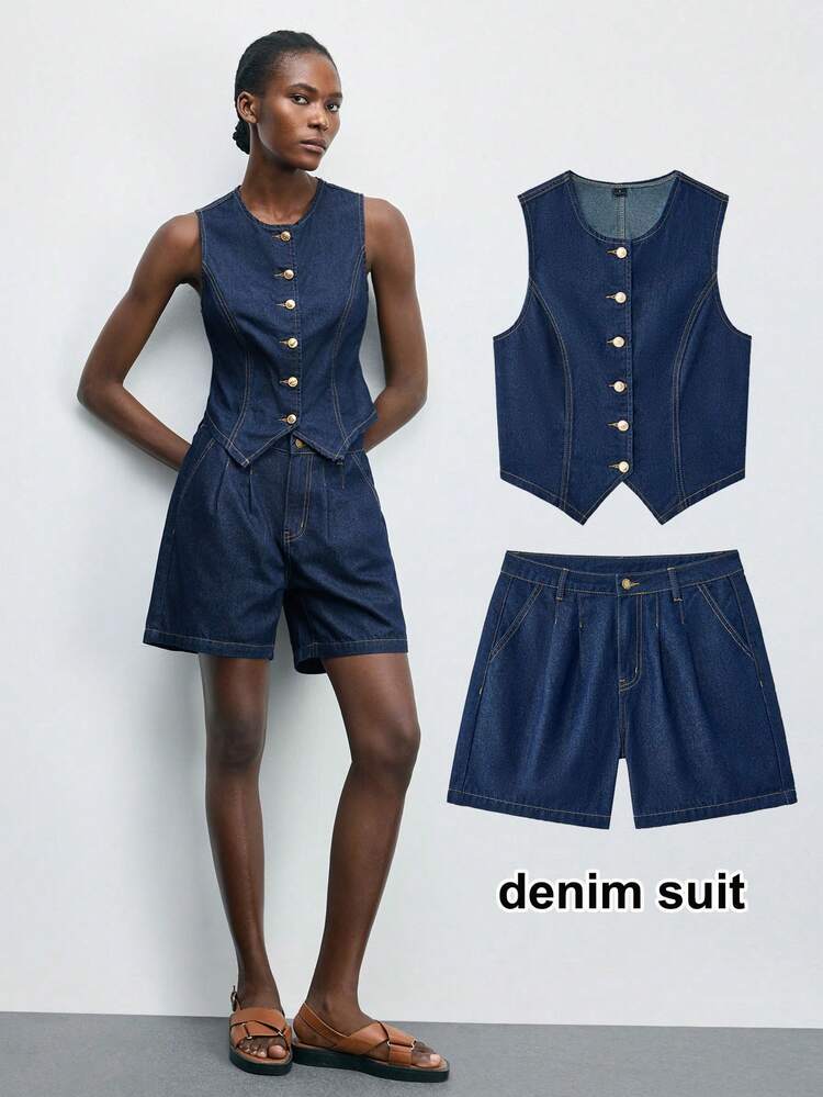 SHEIN Maija Women's Round Neck Single-Breasted Placket Vest Top And Button Pocket Shorts Casual Denim Outfit