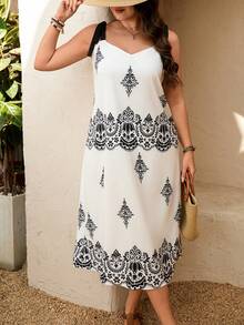 Breezaya Plus Size Women Elegant Tie-Up Contrast Color Floral Print Bohemian Style Maxi Dress - Apricot - View 1