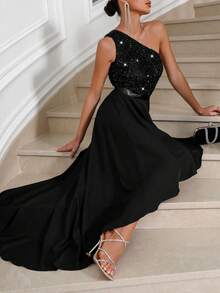 Glamine Women's Black Winter Elegant Dinner Dress,Asymmetric One Shoulder Contrast Sequin High-Low Hem Party Gown,Formal Holiday Classy Evening Outfit - Black - View 5