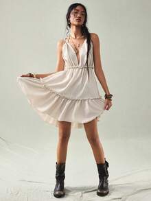 SoleilVie Beige Textured V-Neck Elastic Waist Ruffle Hem Vacation Style Sweet Short Dress - Apricot - View 4