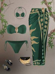 Swim Oasis 2026新款女士泳装文胸印花网纱长裙沙滩休闲泳装套装（3件套） - 彩色 - 查看 1