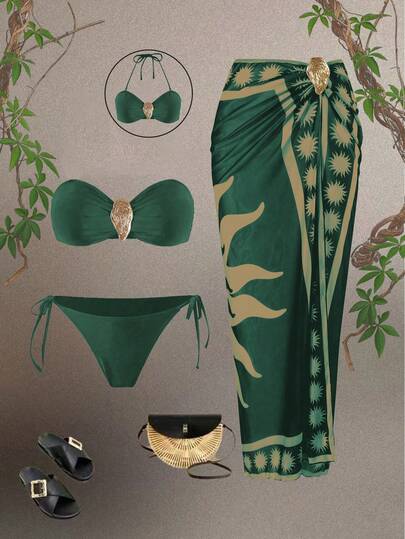 Swim Oasis 3 Stück/Set 2026 Neue Damen Bademode BH bedrucktes Mesh Maxikleid Strand Lässig Bademode Set