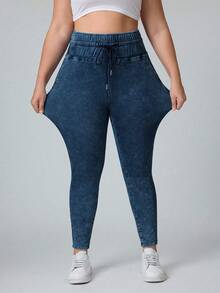 Flexra Plus Size Solid Color Drawstring Waist Elastic Slant Pocket Skinny Jeans - Dark Wash - View 7