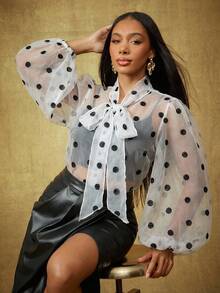 Vixey 动物纹薄纱蓬蓬袖蝴蝶结上衣 - 白色 - 查看 3