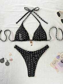 Swim Mod 新款豹纹露背吊带比基尼上衣和侧系带高衩丁字裤两件套泳衣，女士沙滩度假装；波点比基尼；黑色波点比基尼；度假比基尼；比基尼套装；波点比基尼；波点泳衣 - 黑與白 - 查看 3