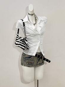 Jeanoix 女士极简通勤修身休闲褶皱衬衫 - 白色 - 查看 3