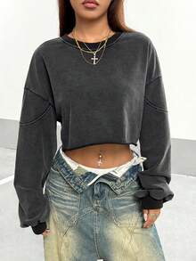 StreetHx Women Solid Color Round Neck Loose Boxy Cropped Washed Sweatshirt,Long Sleeve Tops,Graduation,Teacher,Back To School Pullover Fall - Grey - View 8