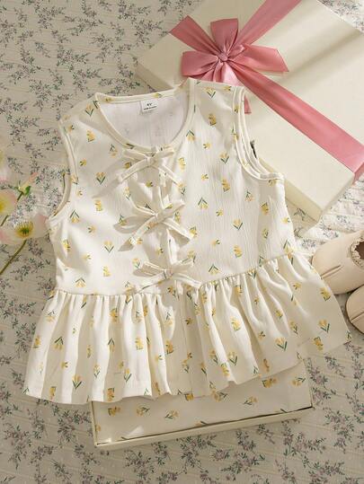 Souflis Souflis 2件套女童可爱碎花无袖开衫上衣搭配松紧腰宽松裤，舒适柔软，适合春夏休闲穿着及作为礼物，4-7岁