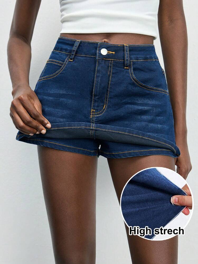 SHEIN Maija Women's Blue Denim Skirt, Low-Waisted Mini Skirt, Hot Summer Shorts Comfortable High-Stretch Denim