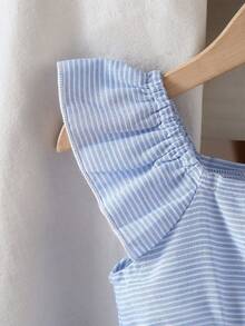 女婴休闲可爱刺绣荷叶边吊带连衣裙，适合日常外出穿着 - 藍色 - 查看 7