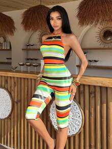 EgrlEra Women's Color Block Halter Tie Back Casual Jumpsuit For Vacation & Daily Wear - Multicolor - View 9