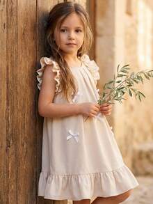 SHEIN Young Girl Woven Round Neck Ruffle Hem Casual Dress Boho Flower White Summer Party Apricot Tan Neutral Nude Beige Dress For Girls - Beige - View 4