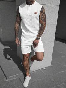 Manfinity CasualCool 男士夏季休闲纹理背心和短裤套装 - 白色 - 查看 4