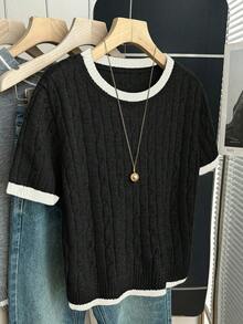Franclia New Casual Loose Korean Style Round Neck Cable Knit Contrast Color Pullover Sweater For Women, Spring/Autumn - Black - View 5