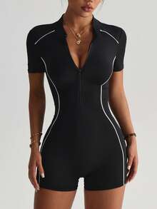 Dewbera 女士黑色紧身立领短袖半拉链撞色条纹拼接连体裤，适合日常休闲、跑步、瑜伽、健身、网球、高尔夫等场合。 - 黑色 - 查看 5