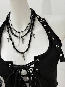 Jeanoix Women's Halter Neck Grommet Strap Design Sexy Punk Style Top For Dates And Outings - Black - View 5