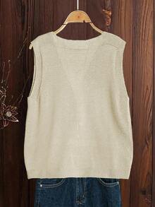 Linhara Plus Size Women Solid Color Knitted V-Neck Button Sleeveless Regular Casual Sweater Vest, Spring/Autumn - Apricot - View 2