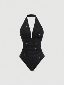Sweetra Women's Fashionable Bodysuit, Sexy Rhinestone Shiny Deep V Backless Slim Fit Black Bodysuit, Spring/Summer - Black - View 1