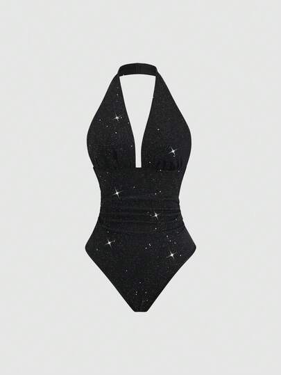 Sweetra Women's Fashionable Bodysuit, Sexy Rhinestone Shiny Deep V Backless Slim Fit Black Bodysuit, Spring/Summer