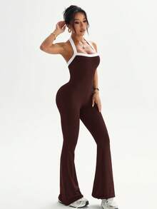 Dewbera Bộ đồ liền thân tập yoga ngoài trời dành cho nữ, áo hai dây hở lưng phối màu tương phản và quần ống loe ôm sát. - màu nâu - Xem 3