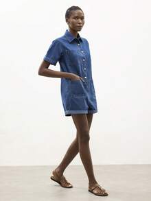 Maija Women's Summer Casual Front Button Denim Romper - Light Wash - View 4