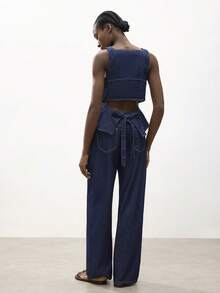 Maija Women's Casual Backless Tie Denim Vest And Pants Set, Summer - Dark Wash - View 7