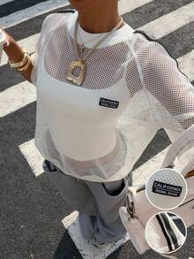 Muchica 女士休闲时尚街头风日常通勤字母图案撞色条纹侧边透视网纱拼接上衣，夏季 - 白色 - 查看 6