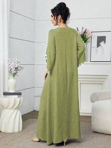 Al Najma Women's Elegant Floral Patchwork Water-Soluble Lace Arabic Style Dress - Green - View 2