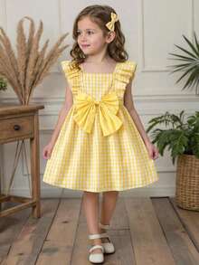 SHEIN Vestido casual para niña con cuello cuadrado de cuadros tejidos y volantes en el bajo - Amarillo - Ver 1
