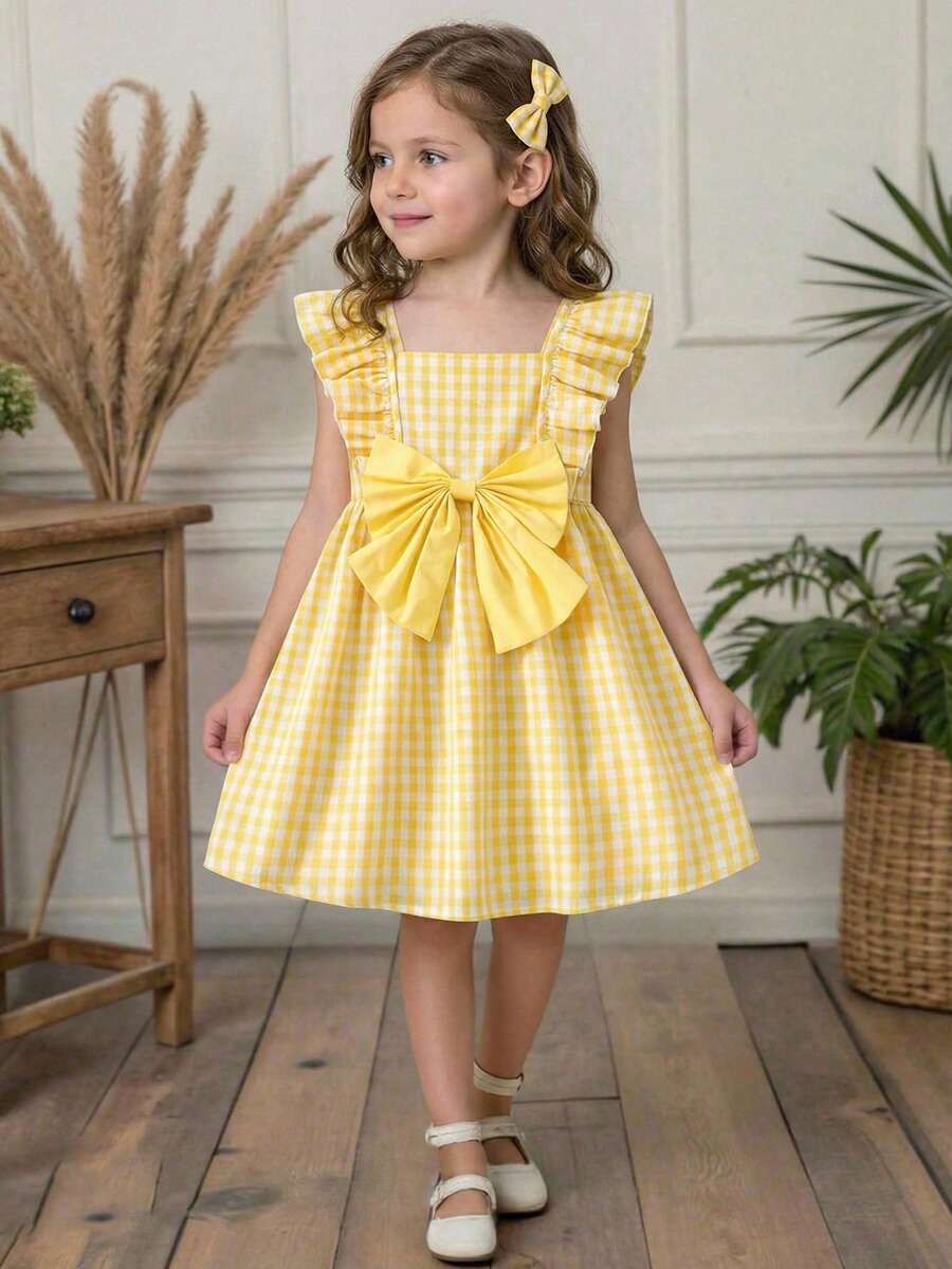 SHEIN Vestido casual para niña con cuello cuadrado de cuadros tejidos y volantes en el bajo - Amarillo - Ver 1