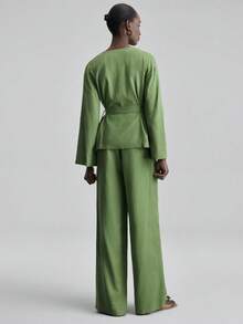 Ontre Women's Olive Green Linen Fabric Fitted Silhouette Dropped Shoulder Long Sleeve Waist Pleated Modern Elegant Wedding Guest Outfit, Minimalist Romantic French Luxe Urban Chic Business Casual Office Wear, Low-Key Old Money Vibe High-End City Commute High-Quality Airport Cruise Middle East Festival Essential Versatile Seasonal Bridal Series Blouse - Green - View 3