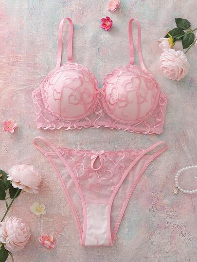 Valentine's Day 2pcs Pink Heart Embroidery 3/4 Cup Padded Push Up Romantic Floral Comfortable Daily Wear Women Lingerie Set