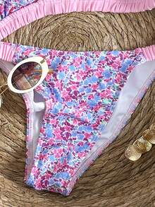 Swim Mod 女士粉色碎花吊带可爱甜美两件式泳衣，褶皱设计，夏季 - 彩色 - 查看 11