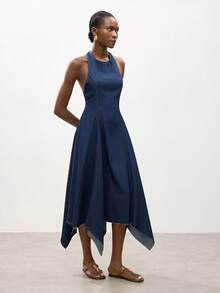 Maija 女士休闲露背吊带不对称下摆牛仔连衣裙 - 深色水洗藍 - 查看 4