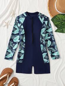 SHEIN Girls' Blue Tropical Plant Print Fitted Long Sleeve One-Piece Swimsuit, Casual Vacation, Suitable For Spring/Summer Travel, Beach Holiday, Navy Blue Swimwear - Navy Blue - View 7