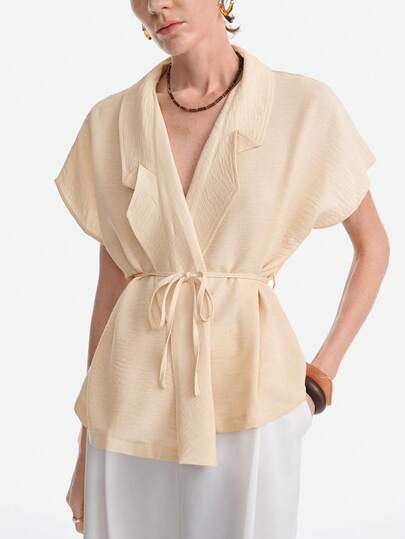 Aalyst Women's Spring/Summer Elegant Chic Luxury Minimalist Design Casual Bohemian Vacation/Workwear Comfortable Solid Color Linen-Like Fabric Shirt With Lapel Collar, Open Front, Wide Shoulders, Sleeve Cuffs, Waist Belt