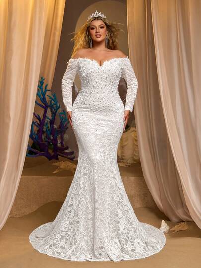 Glamrae Plus Size Elegant Luxurious Pearl Bubble Elastic Lace Sheer Sleeve Mermaid Maxi Dress With Train, Suitable For Wedding, Party, Holiday, Prom, Festival