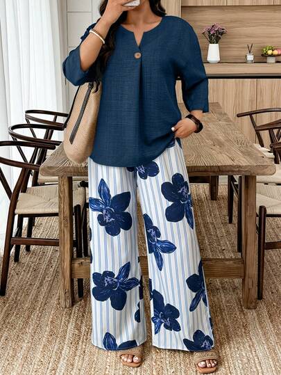 Elouméa Bộ 2 món gồm áo cổ chữ V màu xanh dương, tay lửng in họa tiết và quần dài, trang phục thường ngày cho kỳ nghỉ xuân/hè.