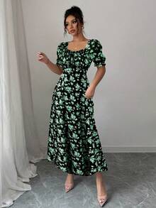 Rafferiza Women's Multicolor Elegant Long Dress With Sweetheart Neckline Puff Sleeves And Floral Random Print - Multicolor - View 5