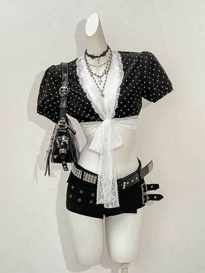 SHEIN Jeanoir Women's Sexy Lace Patchwork Polka Dot Short Sleeve Crop Top, Black & White, Suitable For Spring, Summer, Autumn