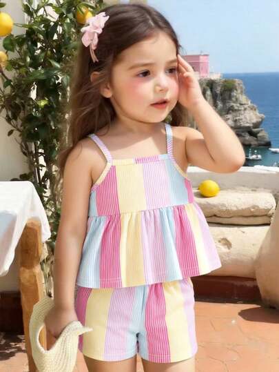 【两件套】适合6个月至2-3岁女婴，彩虹色竖条纹拼接印花背带裤+短裤，面料轻薄活泼可爱，适合日常户外活动和夏季儿童服装。