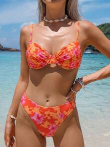 Swim Vcay Floral Ruched Halter Bikini Set, Sexy For Summer Vacation - Multicolor - View 3