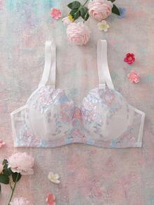 FloralLove 花卉刺绣交叉肩带3/4罩杯钢圈聚拢可爱浪漫夜店度假文胸及无钢圈文胸，大码 - 白色 - 查看 1